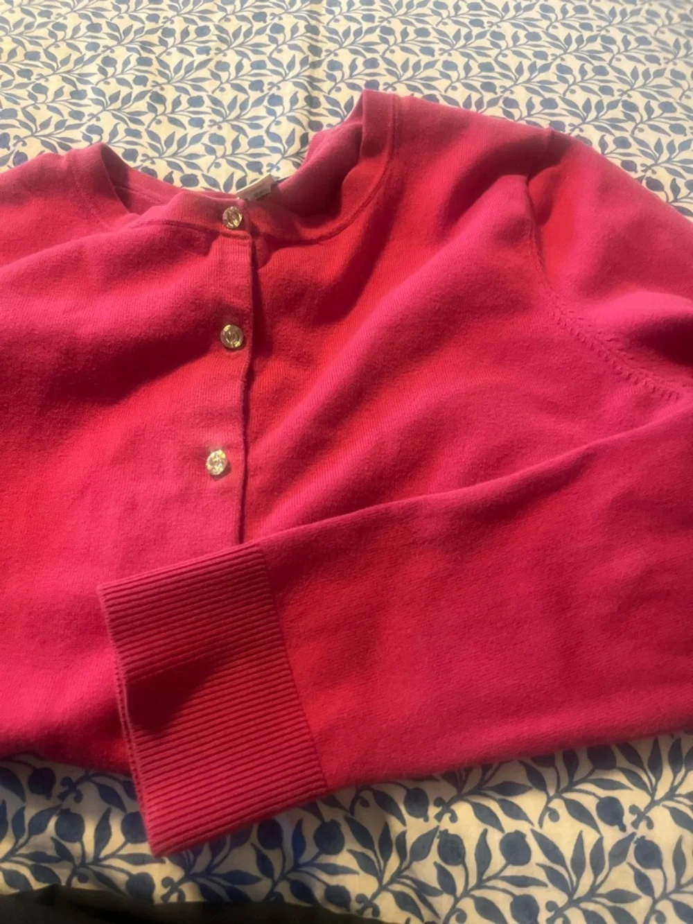 LOFT Fuchsia Crewneck Cardigan with Crystal Buttons - Picture 2 of 8